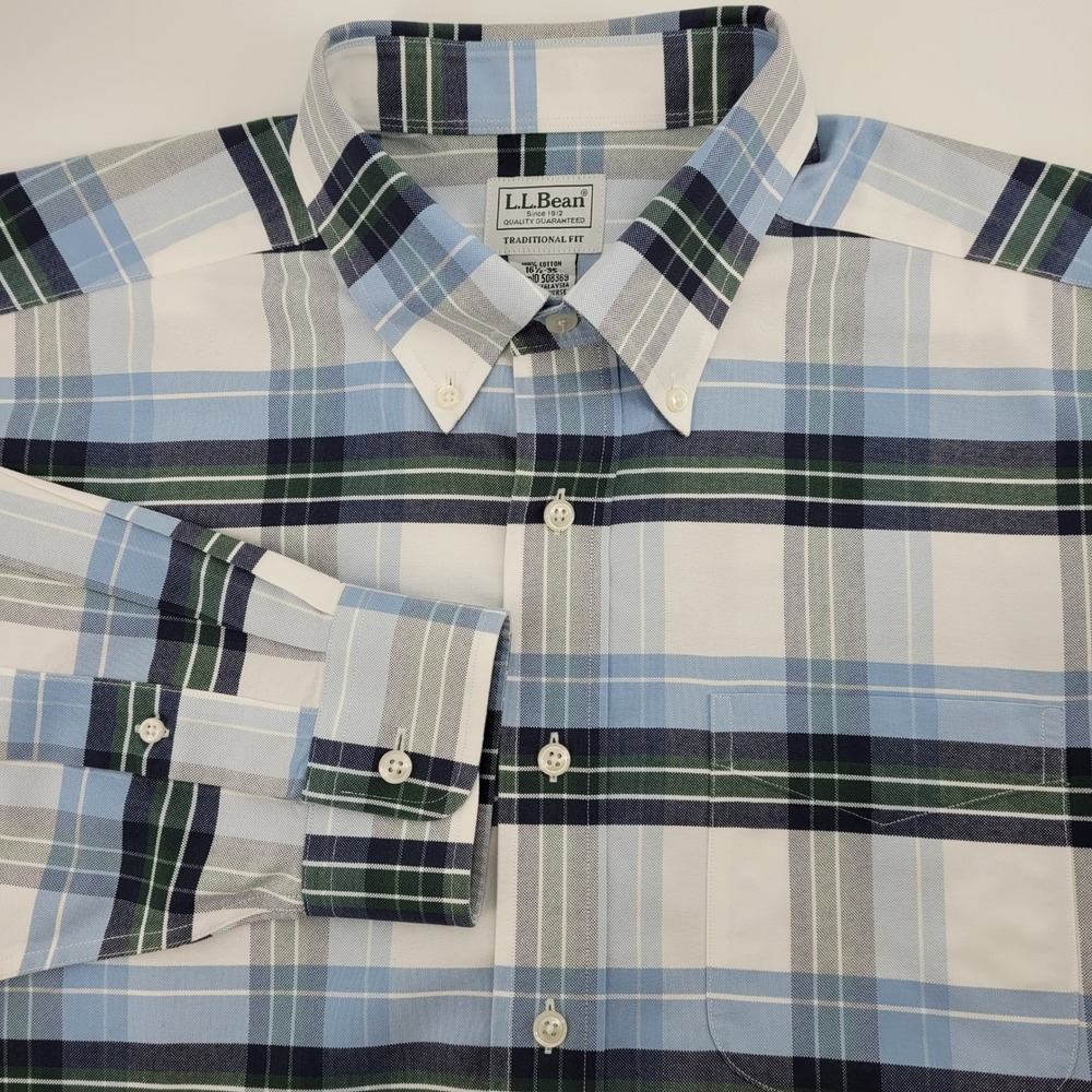 LL Bean Mens Large 16.5-35 Traditional Fit Plaid Button Down Shirt Blue Green